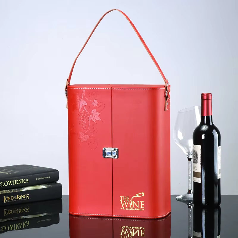 Most Popular Luxury Red Wine Double Leatherette Top Handle Wine Gift Box 2 Bottle PU Leather Wine Gift Box