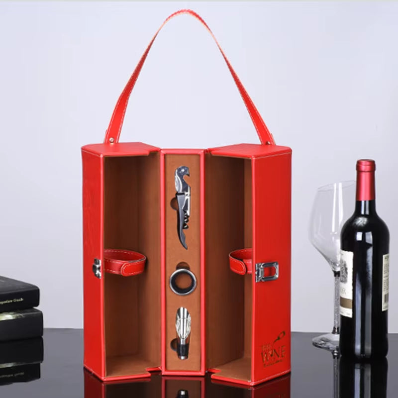 Most Popular Luxury Red Wine Double Leatherette Top Handle Wine Gift Box 2 Bottle PU Leather Wine Gift Box