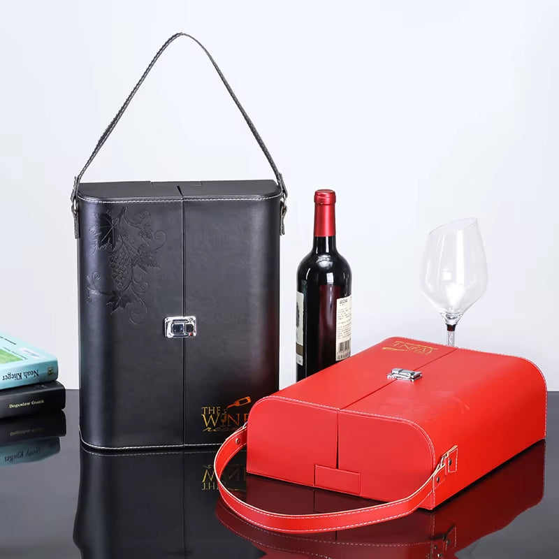 Most Popular Luxury Red Wine Double Leatherette Top Handle Wine Gift Box 2 Bottle PU Leather Wine Gift Box
